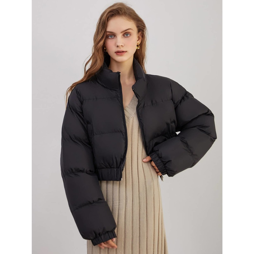 Zipper Up Elastic Hem Crop Puffer Coat tan - Picture 4 of 5